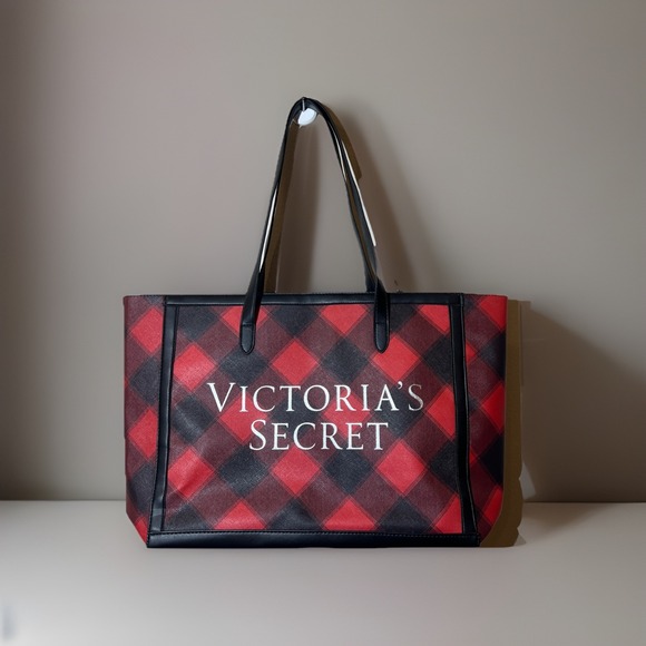 Victoria's Secret Handbags - Victoria's Secret Open Top Weekender Holiday Black Red Plaid Women Tote Bag NWOT
